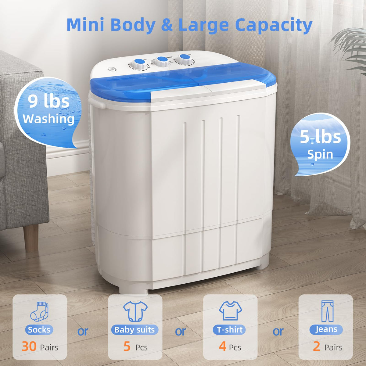 VCJ Portable Washing Machine, Twin Tub Washing Machine Laundry Compact Washer spinner Combo with 40lbs capacity, 24Lbs Washer and 16Lbs Spinner dryer for Apartments RVs and Dorms
