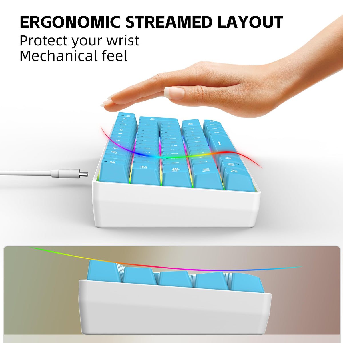 Snpurdiri 60% Wired Mechanical Gaming Keyboard, Ice Blue LED Backlit 61 Keys Mini Wired Office Keyboard for Windows Laptop PC Mac (Black-White, Red Switches)