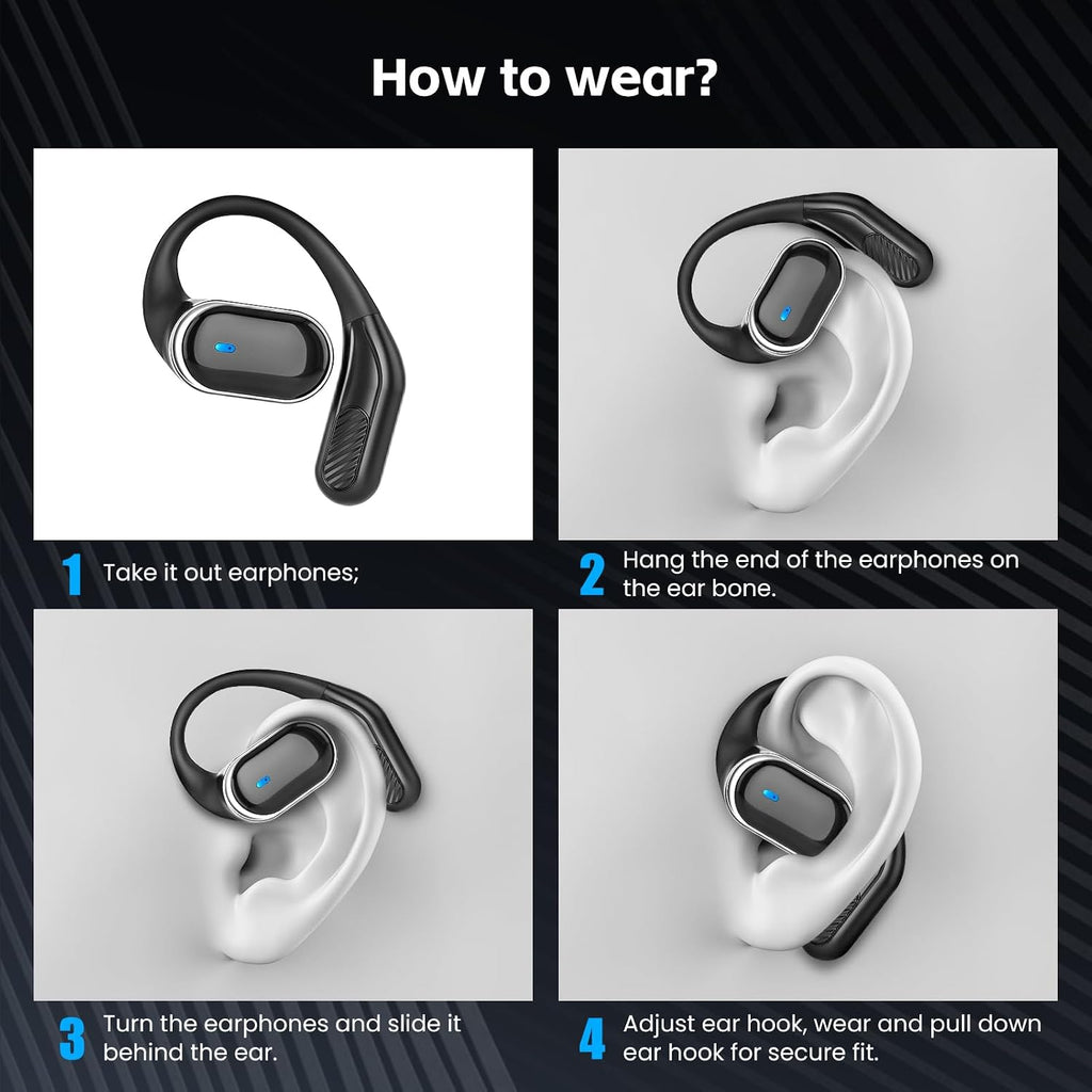 Open Ear Wireless Earbuds Bluetooth Headphones, 80H Playtime Stereo Ear Buds with ENC Noise Cancelling, Fast Charging, IPX7 Waterproof Sports Earphones with Earhook for Running/Workouts (Black)