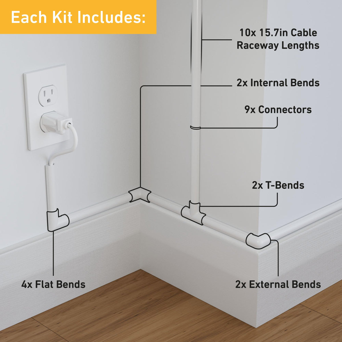 D-Line 157in Cord Cover Kit, Self-Adhesive Wire Hiders, Paintable Cable Raceway to Hide Wires on Wall, Electrical Cable Management - 10x 15.7 Lengths & 19 Accessories - 1.18" (W) x 0.59" (H) - Beige