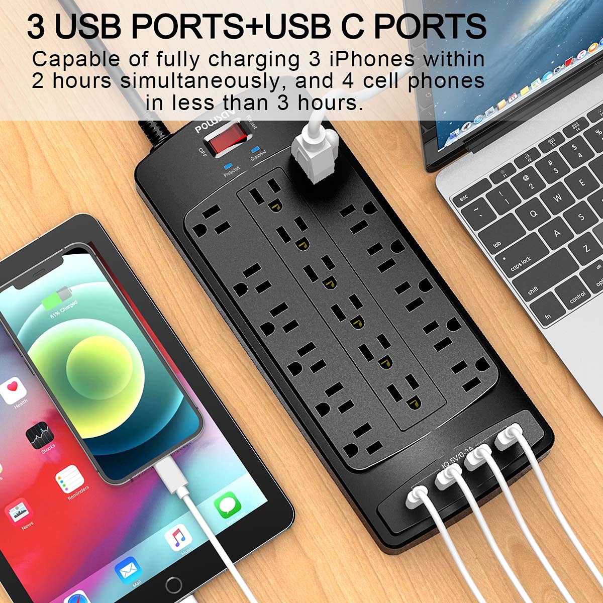 18 Outlets Surge Protector Power Strip - 6 Feet Flat Plug Heavy Duty Extension Cord with 18 Widely Outlets and 4 USB Ports, 2100 Joules, White, ETL Listed