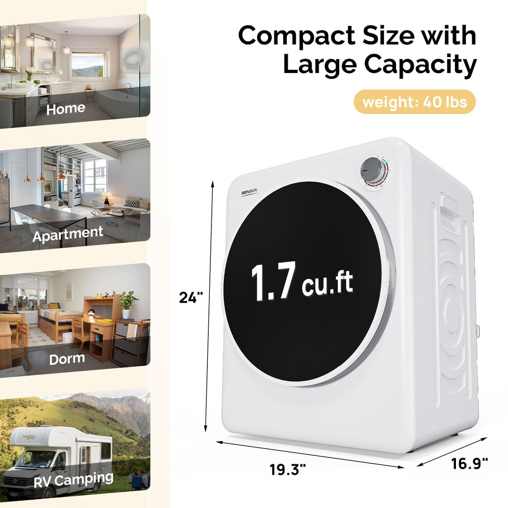 ROVSUN 110V Portable Clothes Dryer, High End Laundry Front Load Tumble Dryer Machine with Stainless Steel Tub & Simple Control Knob for Apartment, Dorm-850W, White