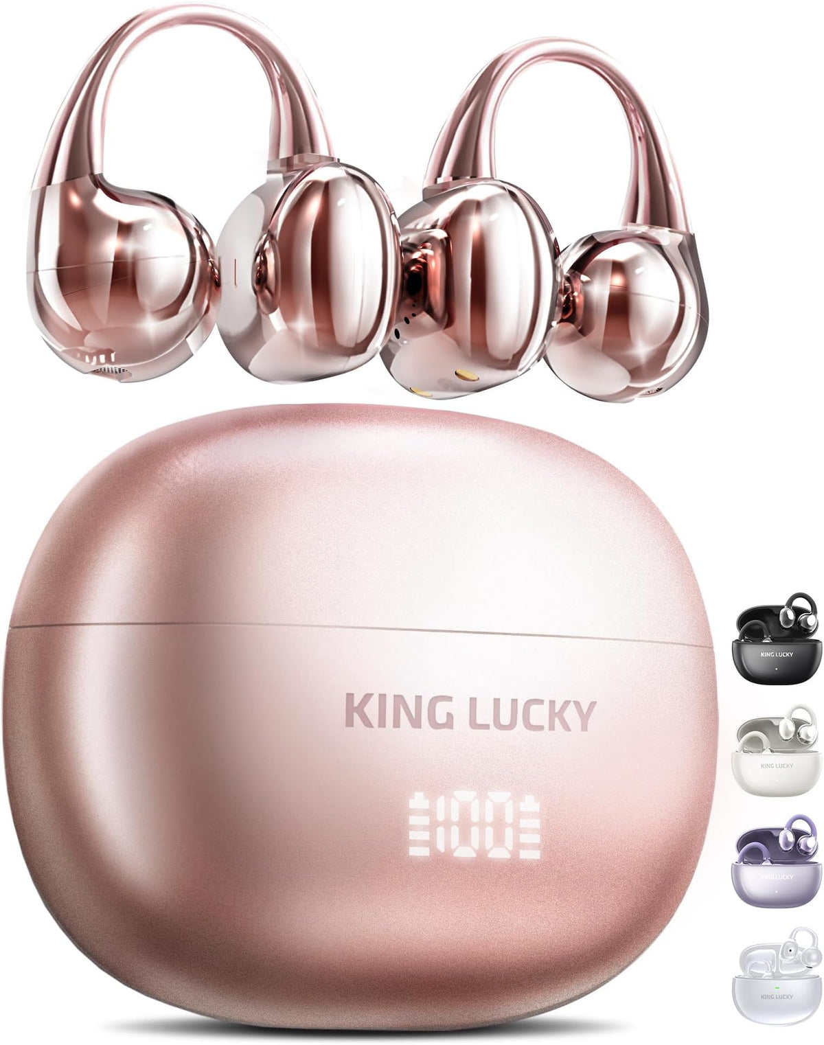 Kinglucky Clip-On Earbuds Gen 3, Open-Ear Wireless Bluetooth 6.0 Headphones with Mic, Secure Fit for Small Ears & Glasses Wearers, 50H Playtime, LED Digital Display, ENC, IPX5 Waterproof(Balck)
