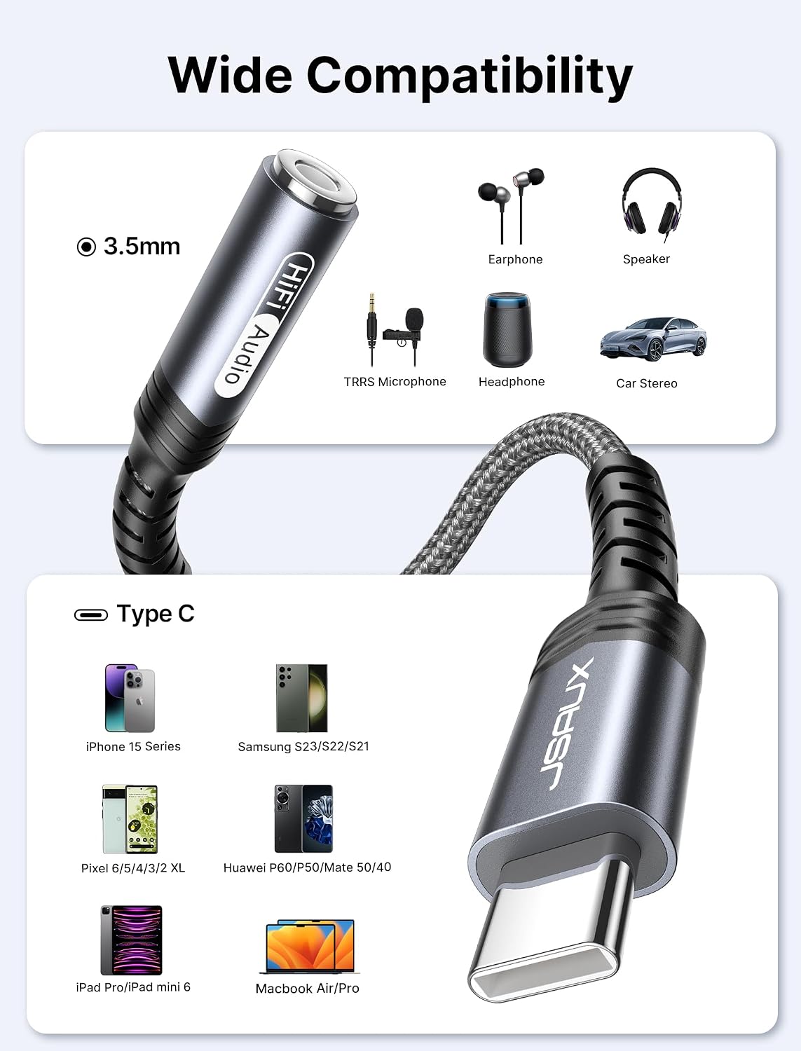 JSAUX 2-Pack USB C to 3.5mm AUX Audio Adapter for iPhone 17, Galaxy S25
