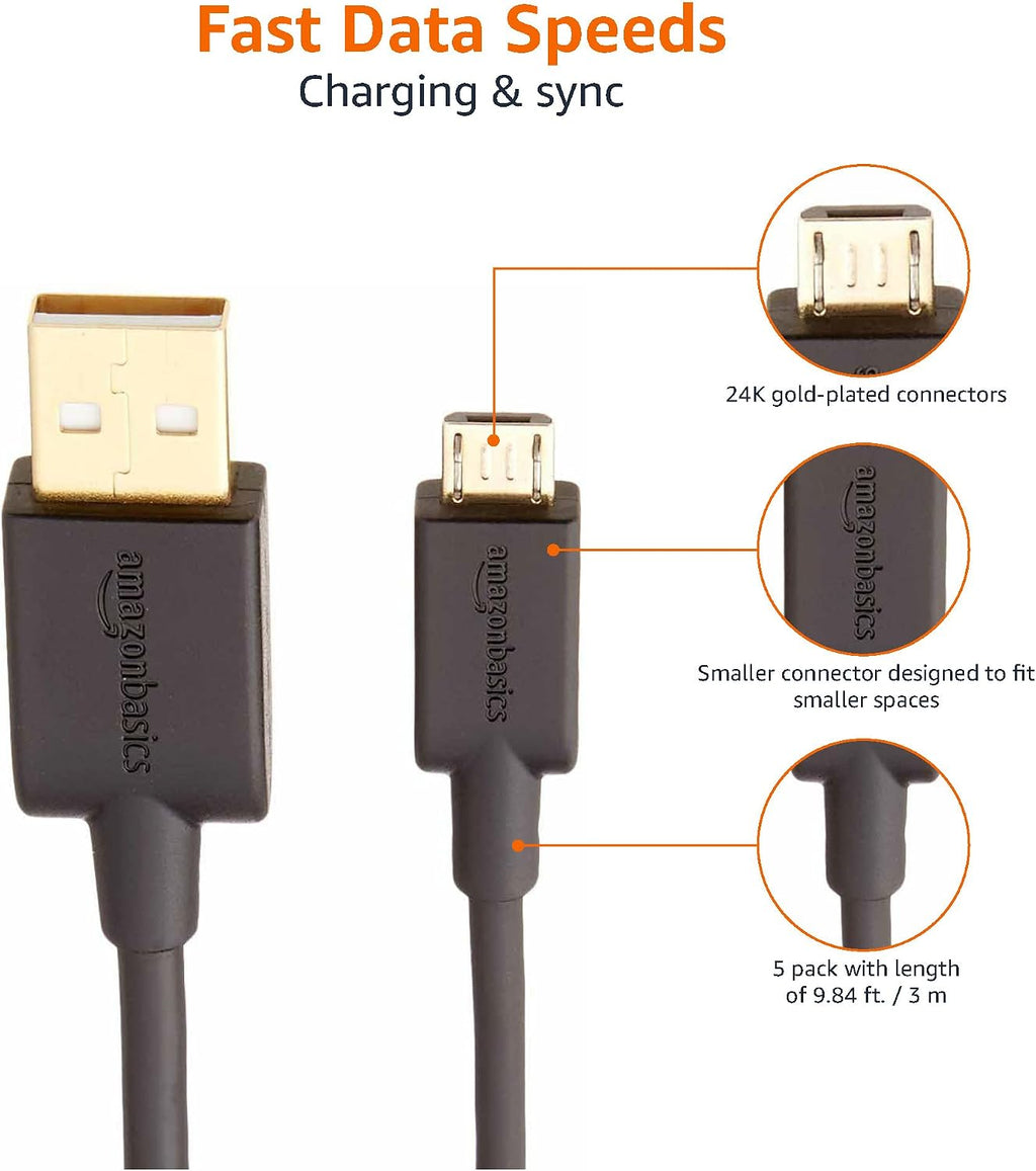 Amazon Basics 5-Pack Micro USB Cable, USB 2.0, 3 m, Black