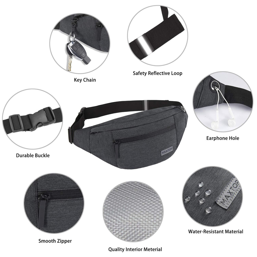 MAXTOP Large Bumbag Waist Fanny Pack Running Belt for Men Women Unisex Bum Bag with Headphone Jack and 4-Zipper Pockets Adjustable Belt for Travel Running Jogging Workout Hiking Gifts All Black