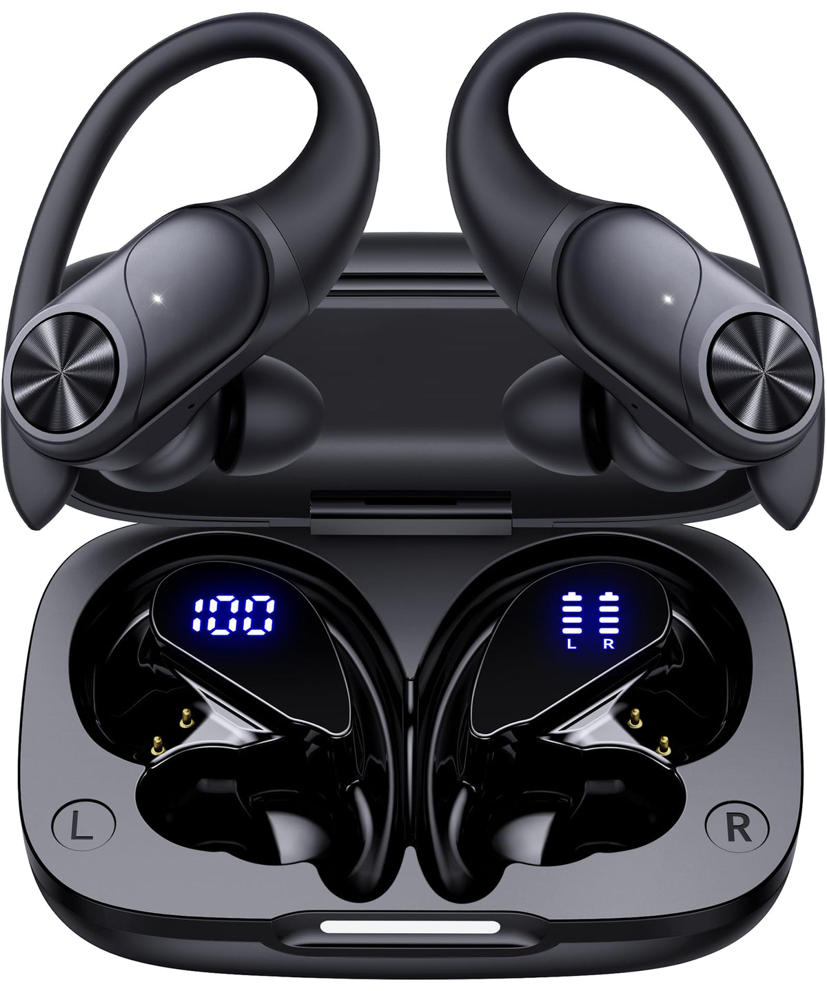 PocBuds Bluetooth Headphones Wireless Earbuds 80hrs Playtime Wireless Charging Case Digital Display Sports Ear Buds with Earhook Deep Bass IPX7 Waterproof Over-Ear Earphones for TV Phone Laptop Pink