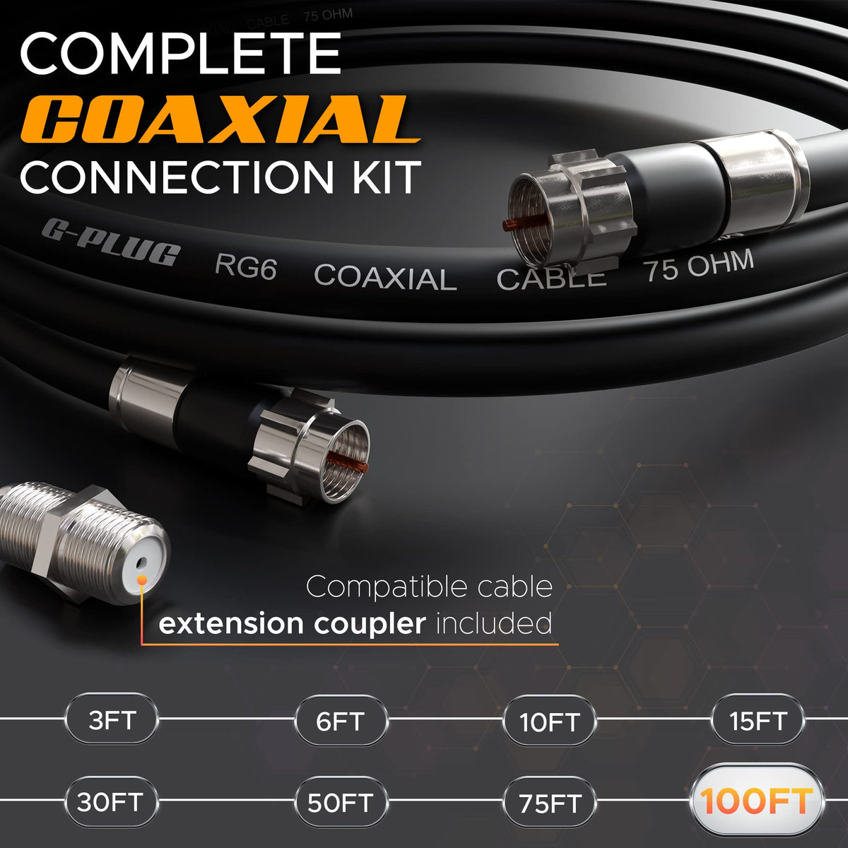 G-PLUG 40FT RG6 Coaxial Cable Extender - Coax Cable Cord, Triple Shielded