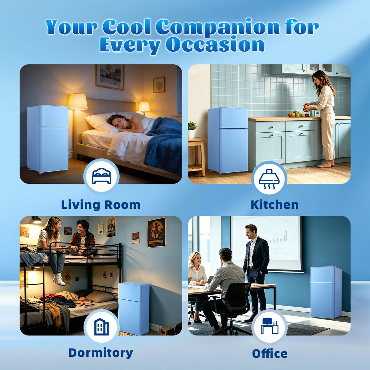 DEMULLER 45L Personal Double‑Door Mini Fridge With Freezer, Blue