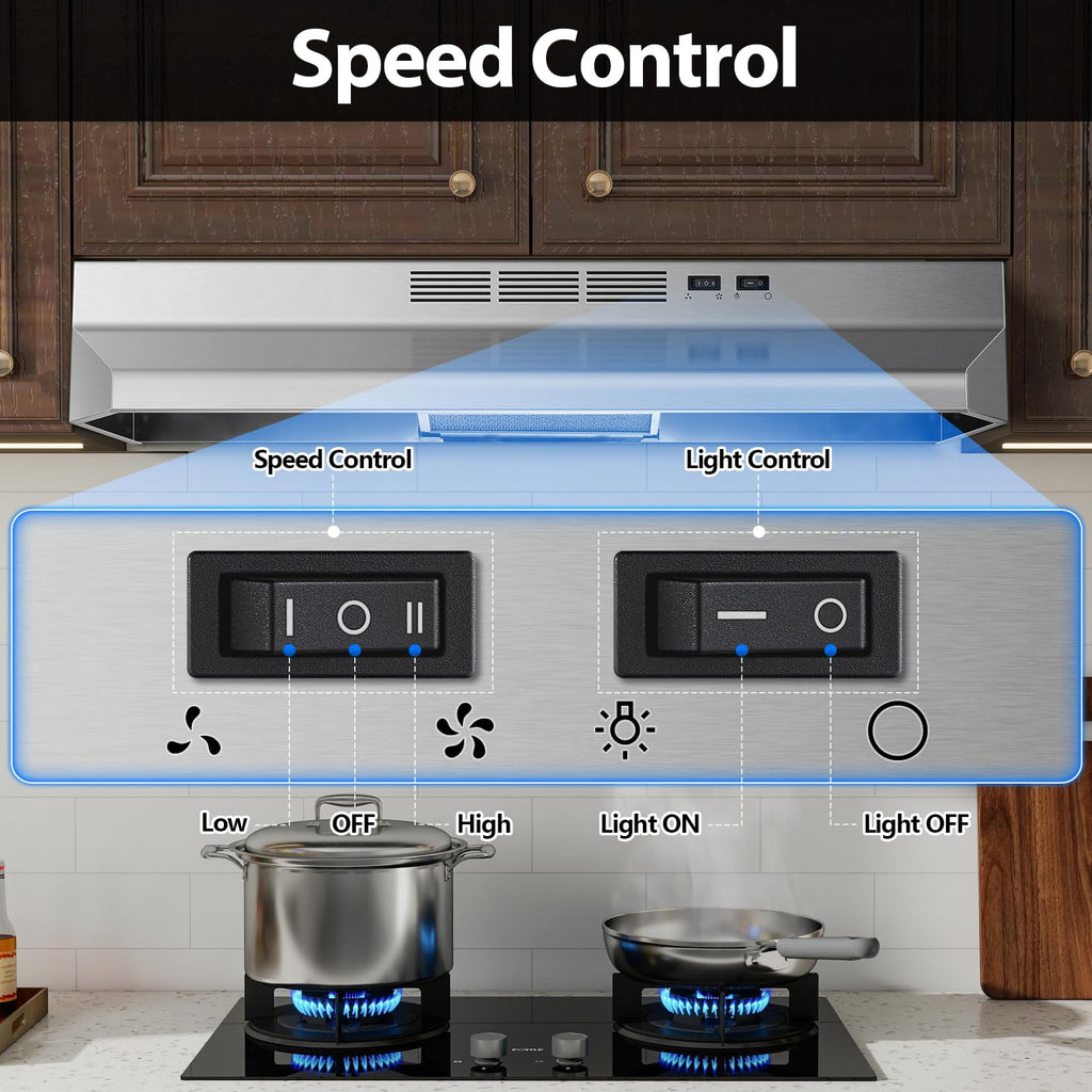 Tieasy Under Cabinet Range Hood 24 Inch, 400 CFM Stainless Steel Convertible Vent Hood with 2 Speed Exhaust Fan and Rocker Switch Control, Ducted/Ductless Kitchen Hood with Multiple Venting Options