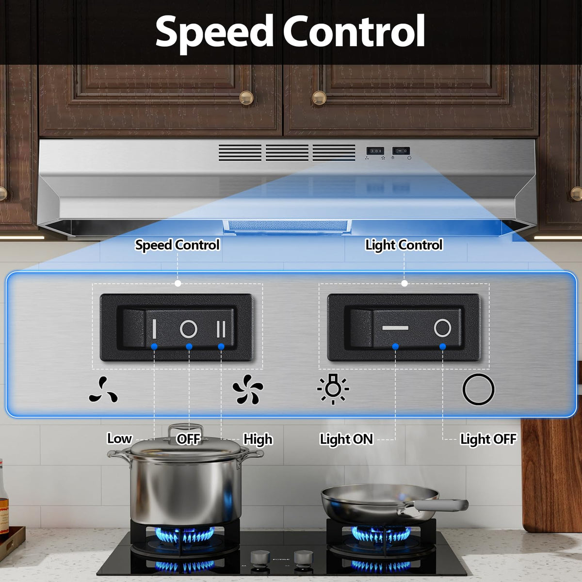 Tieasy Under Cabinet Range Hood 24 Inch, 400 CFM Stainless Steel Convertible Vent Hood with 2 Speed Exhaust Fan and Rocker Switch Control, Ducted/Ductless Kitchen Hood with Multiple Venting Options