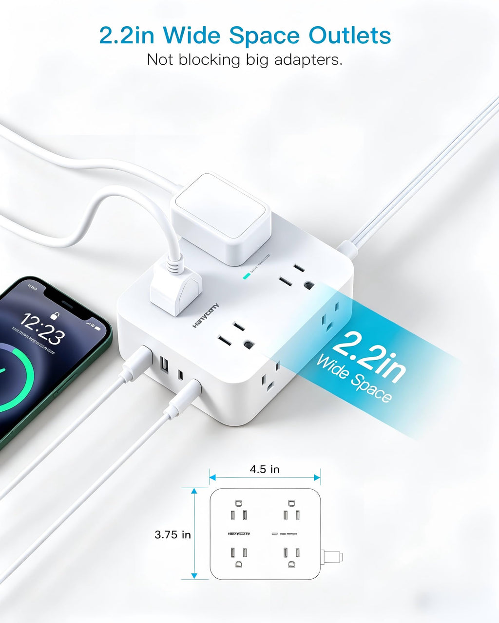 Extension Cord 10 Ft, Ultra Thin Flat Plug Power Strip Surge Protector