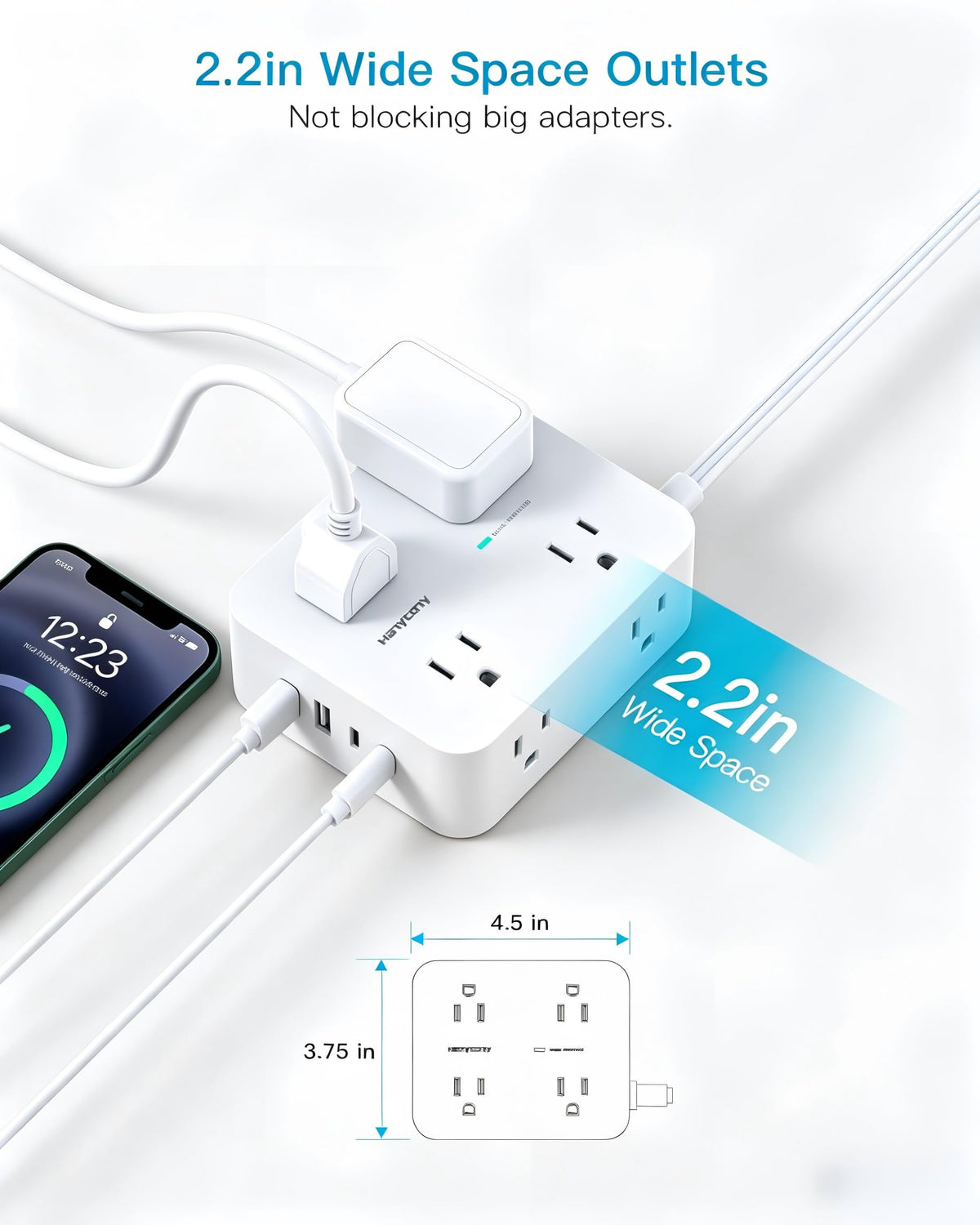 Extension Cord 10 Ft, Ultra Thin Flat Plug Power Strip Surge Protector