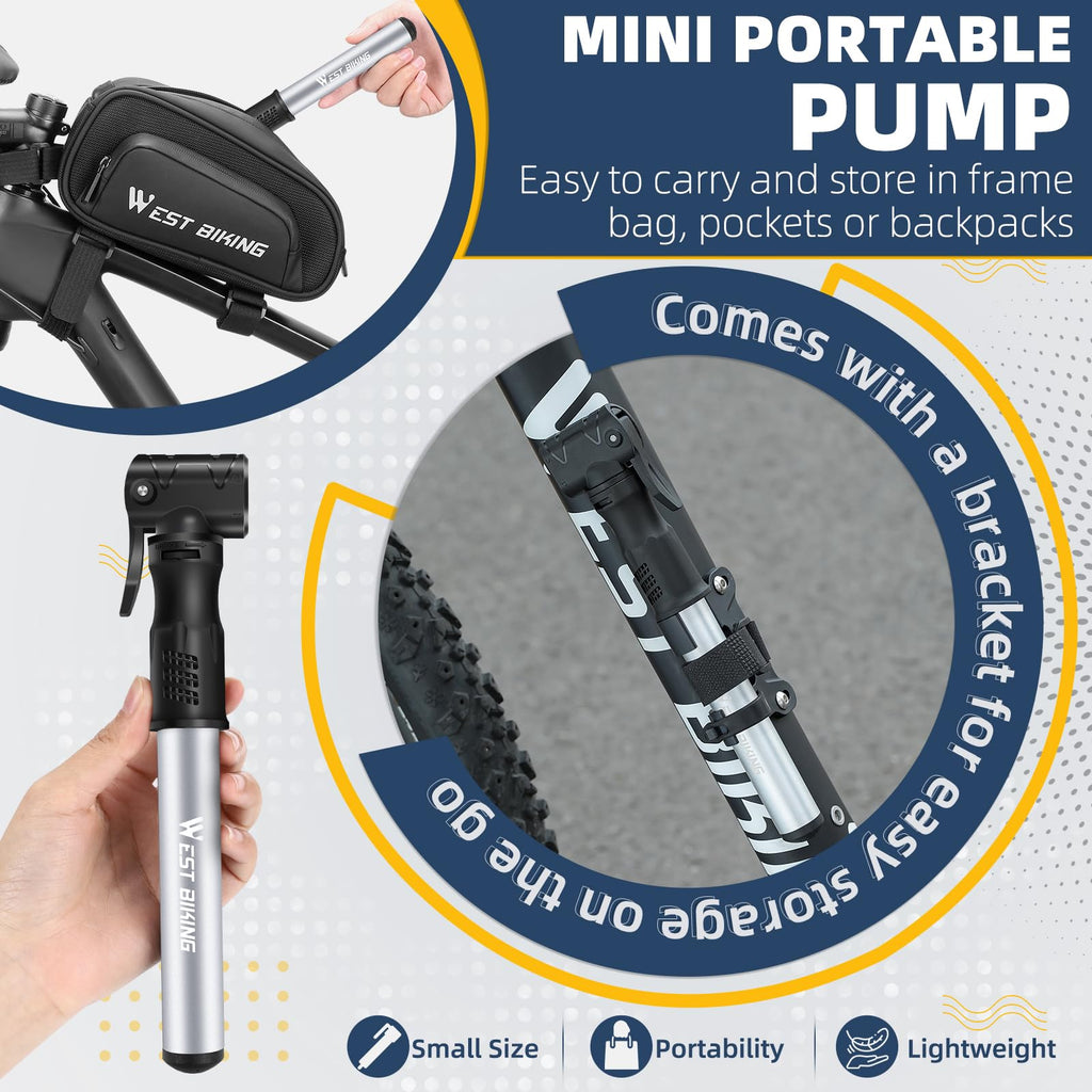 Bicycle Pump Mini Bike Pump Aluminum Alloy Cycle Pump for Presta & Schrader Valve, Portable Lightweight Bike Tyre Pump Fast Tyre Inflation Mini Air Pump For Mountain Road Bike Ball Pump