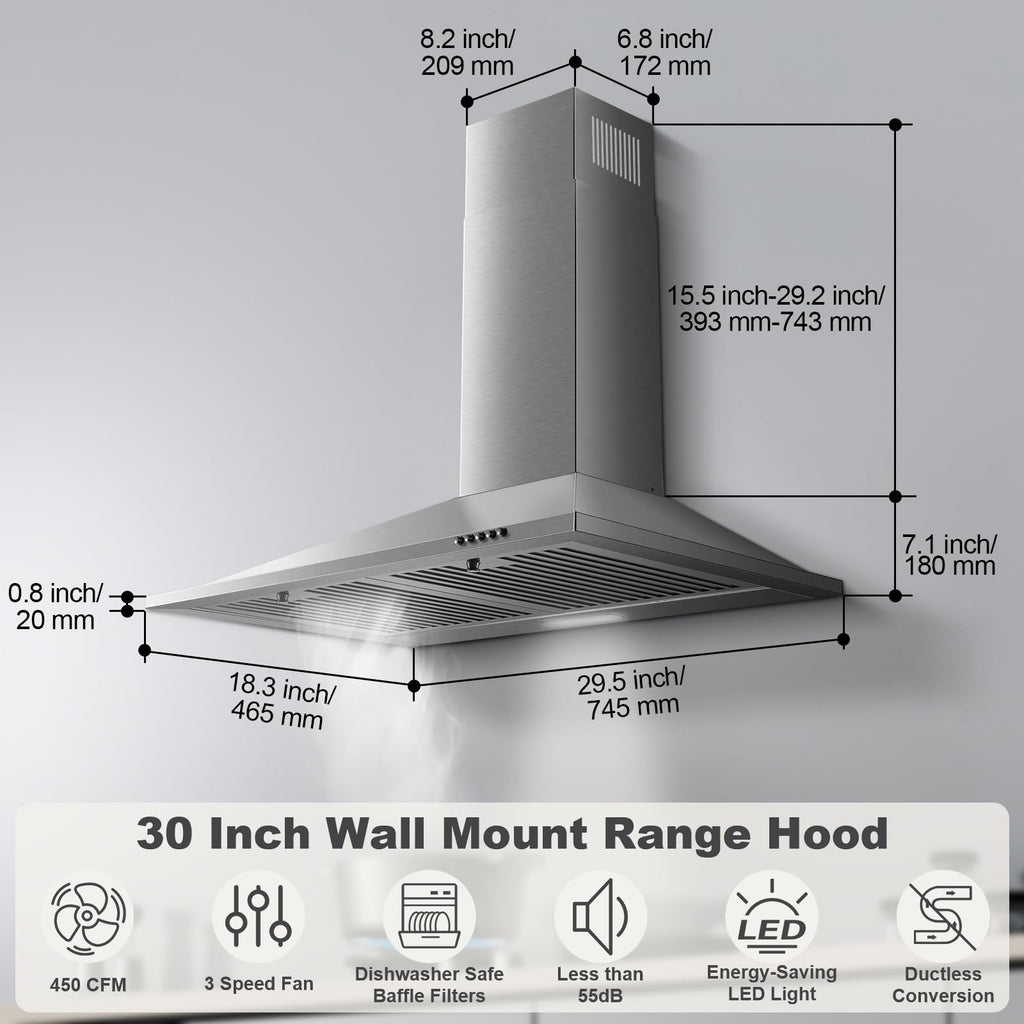 24 inch Range Hood, Ducted/Ductless Range Hood 450CFM, Wall Mount