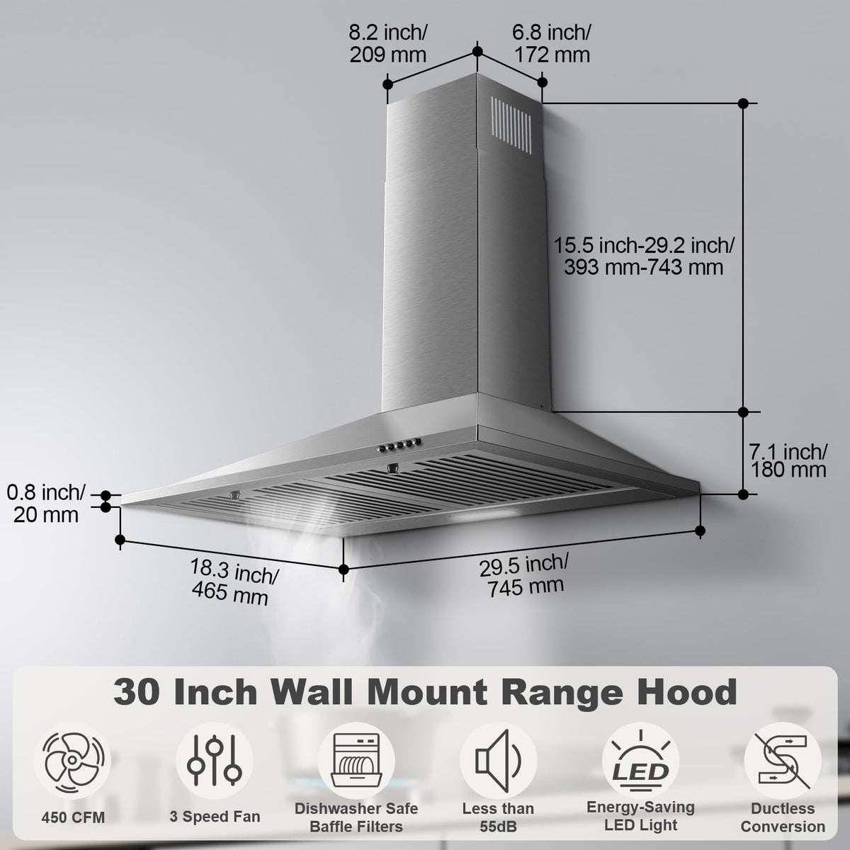 24 inch Range Hood, Ducted/Ductless Range Hood 450CFM, Wall Mount
