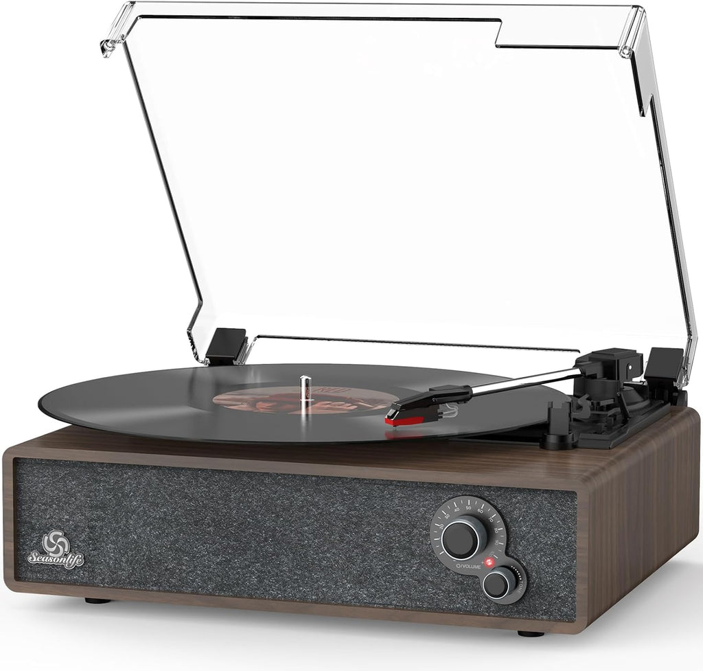 Seasonlife® Retro Vinyl Record Player with Stereo Speakers,Walnut Brown