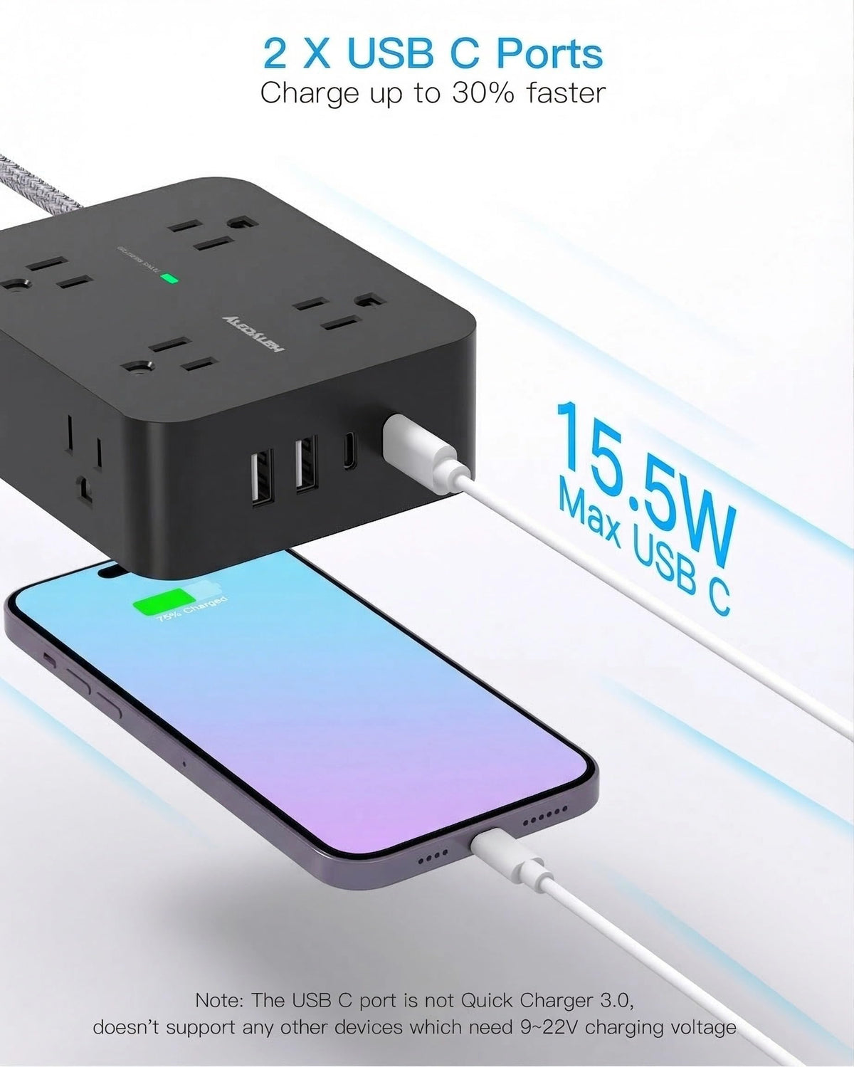 HANYCONY Surge Protector Power Strip, 10 Ft Braided Extension Cord, 1080J