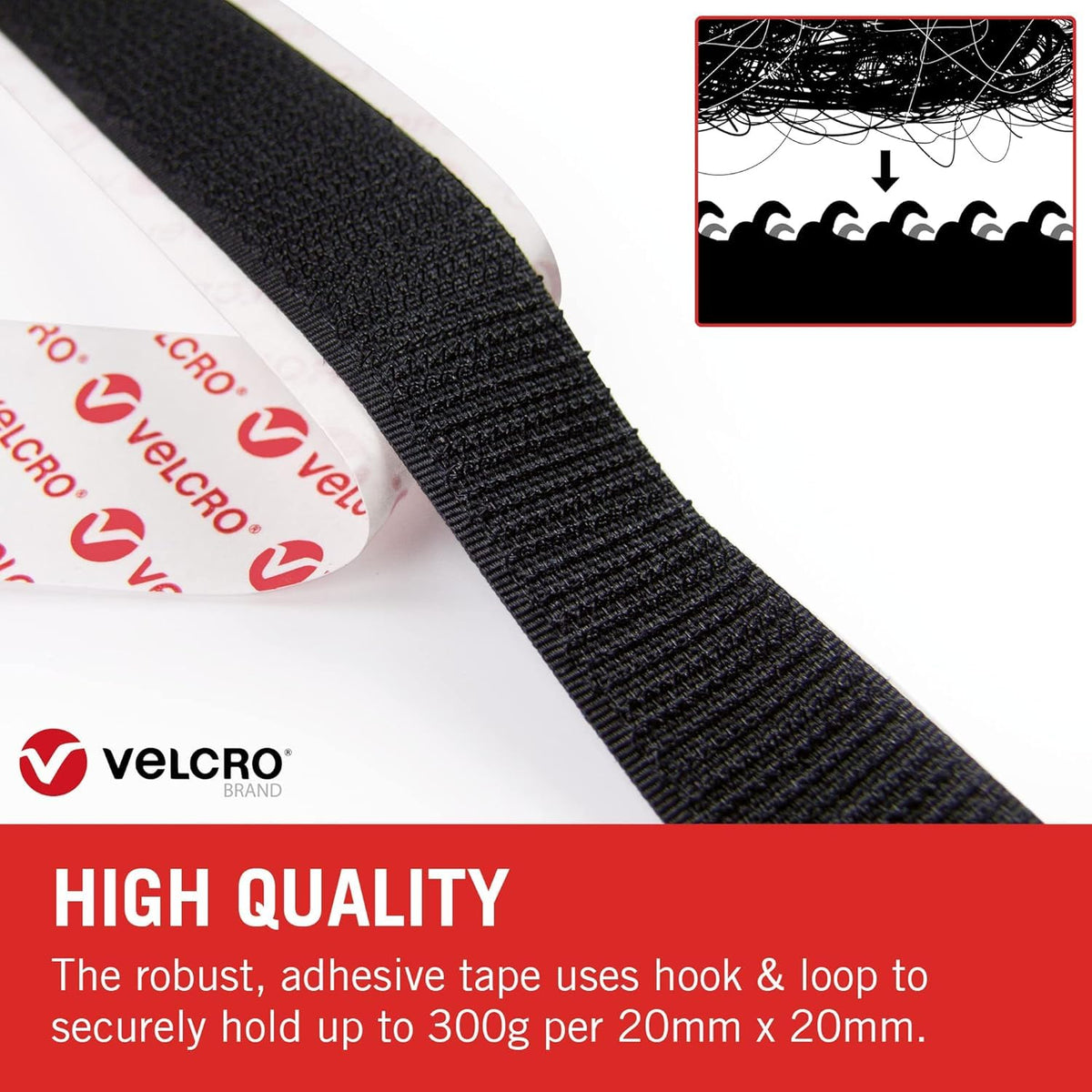 VELCRO Brand Stick On Tape Cut-to-Length Strong Hook & Loop Self Adhesive Sticky Tape Perfect for Room Décor & Home, Office, Garage Use Black 20mm x 50cm