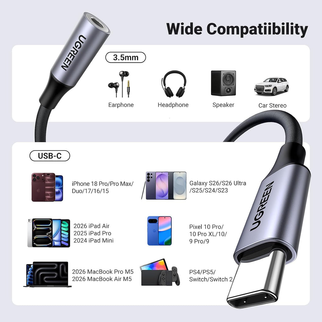 UGREEN 2 Pack USB C to 3.5mm Audio Adapter Type C to Aux 24bit/96kHz, Grey