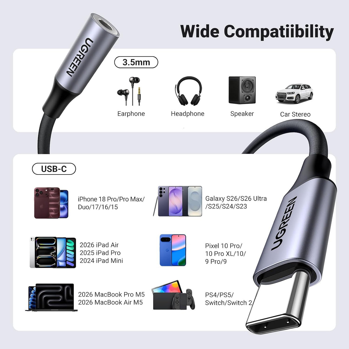UGREEN 2 Pack USB C to 3.5mm Audio Adapter Type C to Aux 24bit/96kHz, Grey