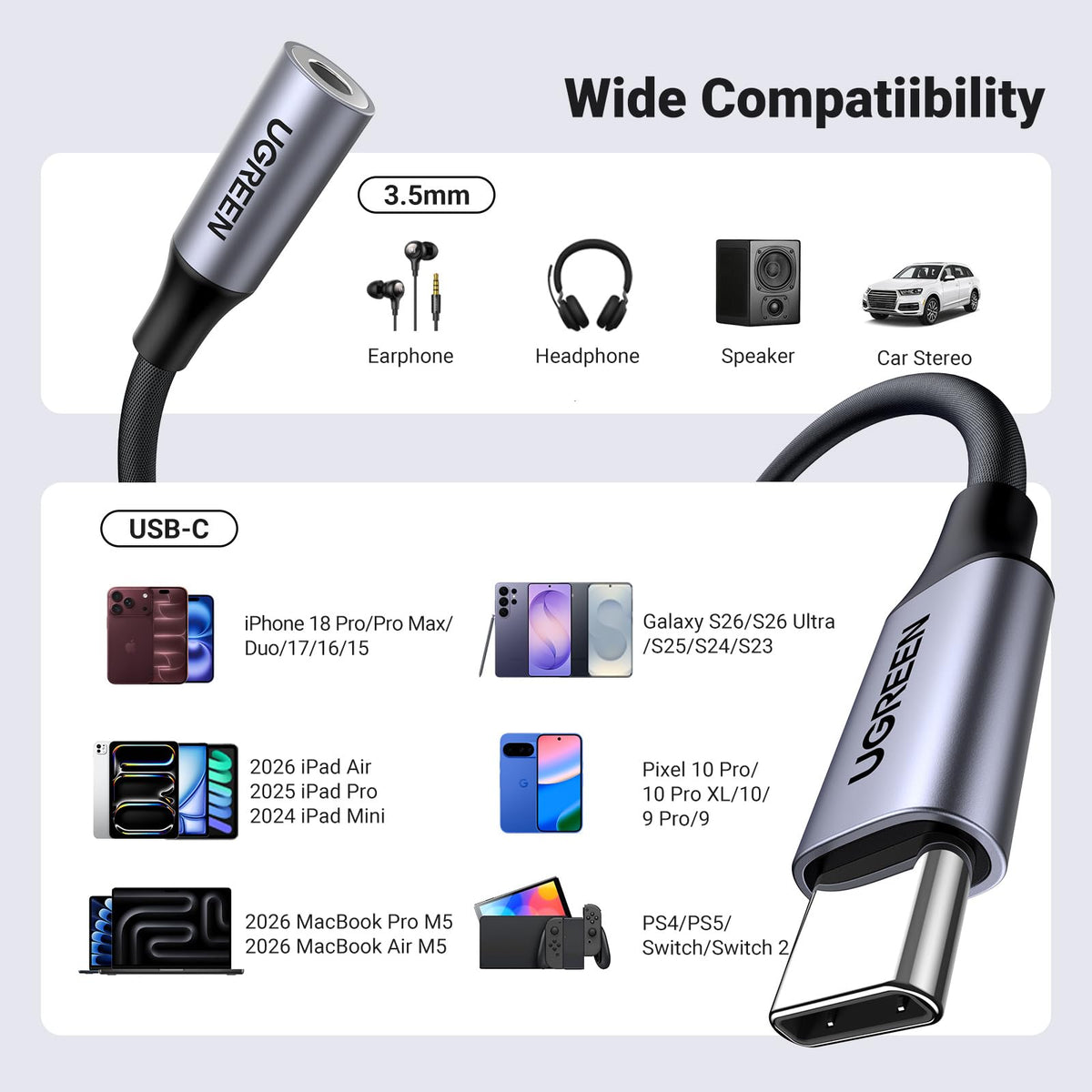 UGREEN 2 Pack USB C to 3.5mm Audio Adapter Type C to Aux 24bit/96kHz, Grey