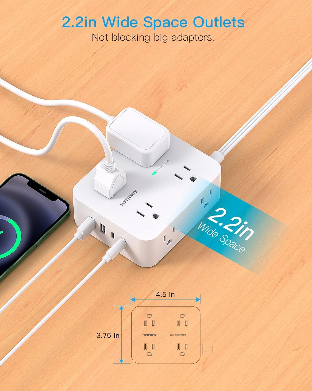Extension Cord 10 Ft, Ultra Thin Flat Plug Power Strip Surge Protector