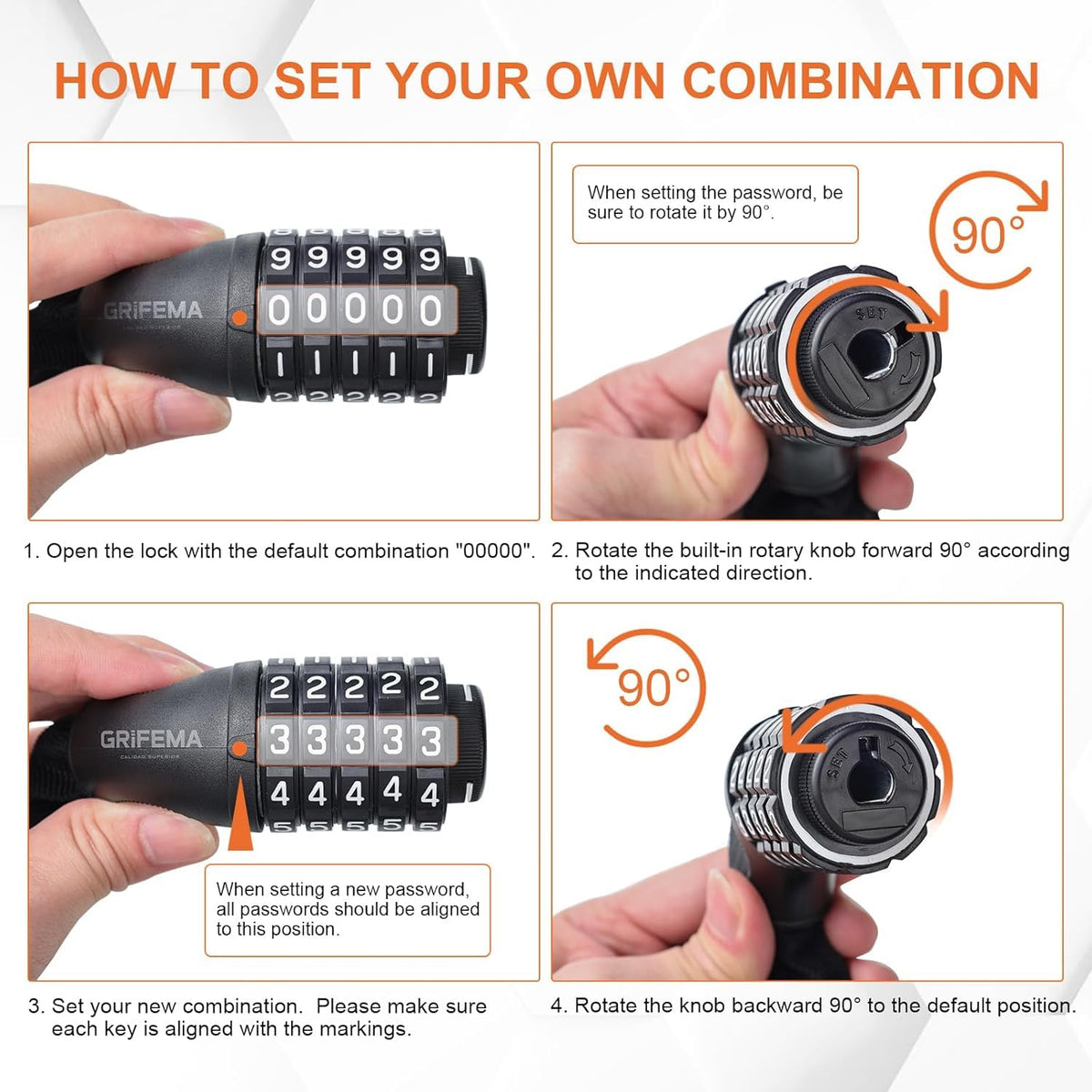 GRIFEMA GA1201-12 Bike Locks High Security with 2 Keys, Bike Chain Lock Heavy Duty, 120cm Bicycle/Cycling Locks for Bike Cycle, Moto, Door, Gate Fence, Black/White