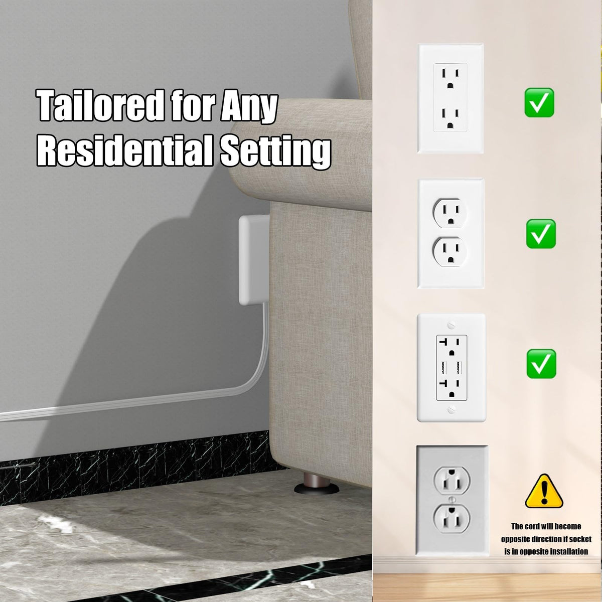 CABOCASA 3FT Flat Plug Extension Cord Power Strip 3 Outlets White Upward