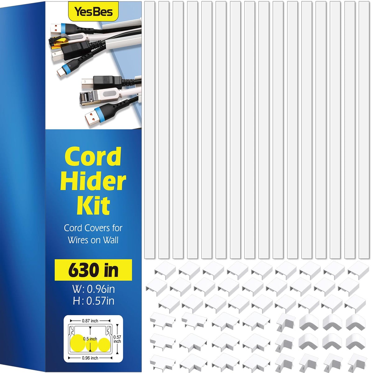 1260in Cord Hider Kit, Cord Covers for Wires on Wall, Paintable Cable Raceway, Cord Hider for Wall Mount tv, tv Cable Hider Wall kit, Wire Covers for Cords, 80X L15.75 X W0.96in X H0.57in, White