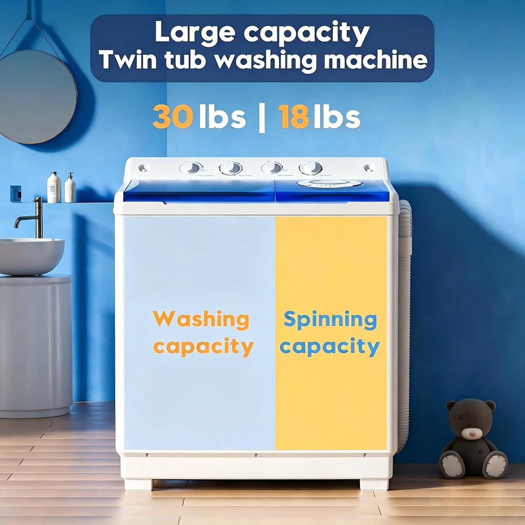 Auertech Portable Washing Machine, 28lbs Twin Tub Washer Mini Compact Laundry Machine with Drain Pump, Semi-automatic 18lbs Washer 10lbs Spinner Combo for Dorms, Apartments, RVs