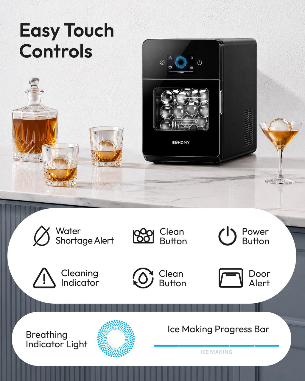 EUHOMY 2.4" Ice Ball Maker Countertop, 3Pcs Ready in 40Mins, 108Pcs/Day, Self-Cleaning Sphere Ice Maker Machine with Crystal Clear Ice, Round Ice Cube Maker for Whiskey & Bourbon