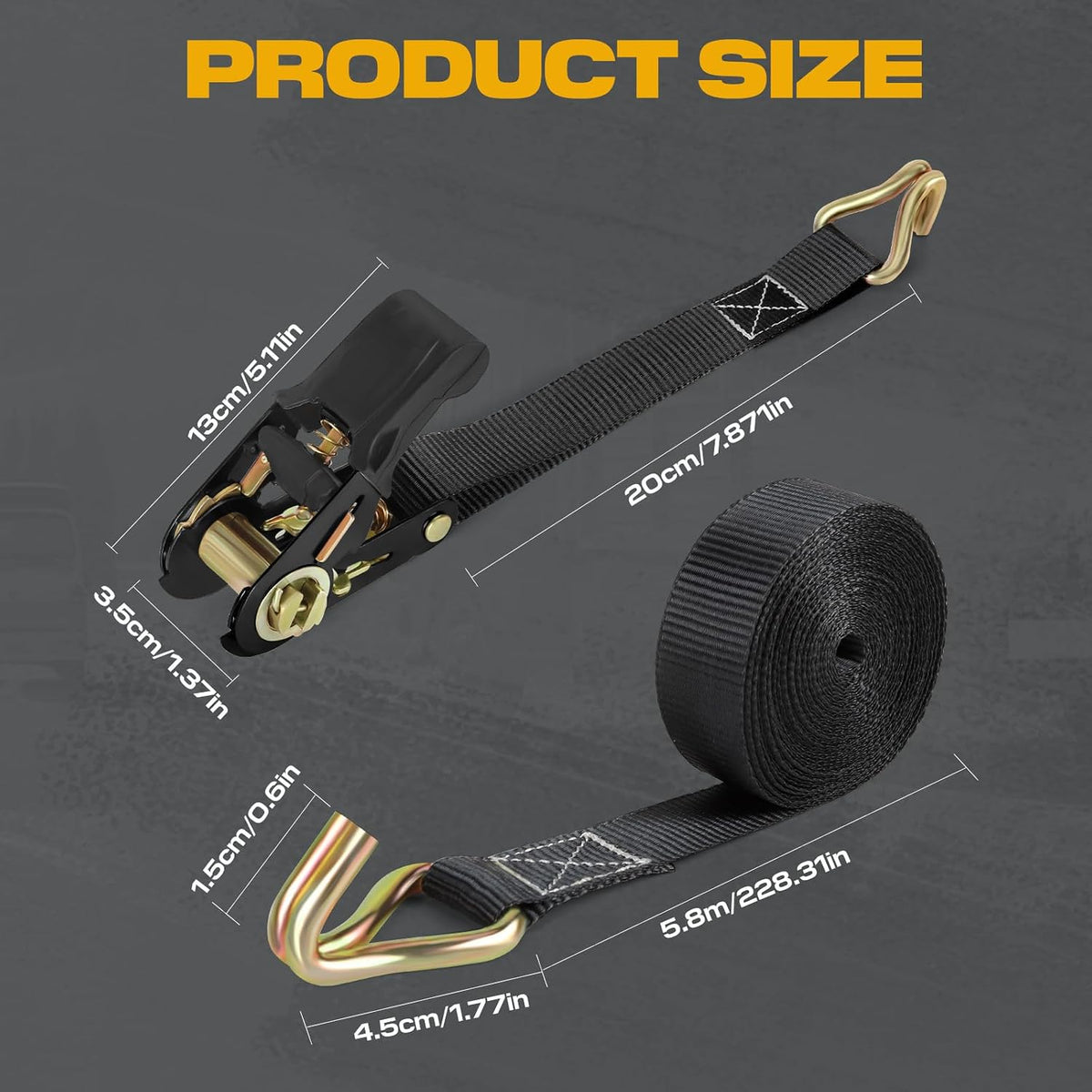 Ratchet Straps with Hook, 6M x 25MM, Heavy Duty, 4 Pack/Black