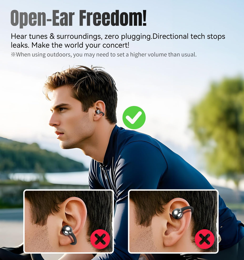 Kinglucky Clip-On Earbuds Gen 3, Open-Ear Wireless Bluetooth 6.0 Headphones with Mic, Secure Fit for Small Ears & Glasses Wearers, 50H Playtime, LED Digital Display, ENC, IPX5 Waterproof(Balck)