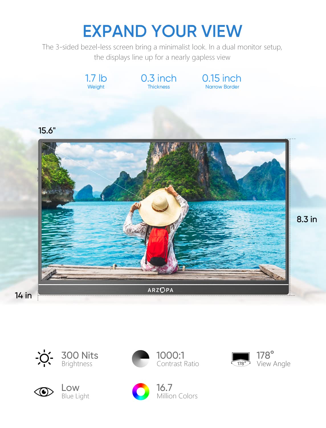 ARZOPA Portable Monitor 15.6" 1920×1080 FHD IPS Portable Monitor for Laptop with Kickstand, Ultra-Slim Second Screen for Laptop/PC/Mac/PS3/4/5/Xbox - USB C & HDMI Connectivity - A1