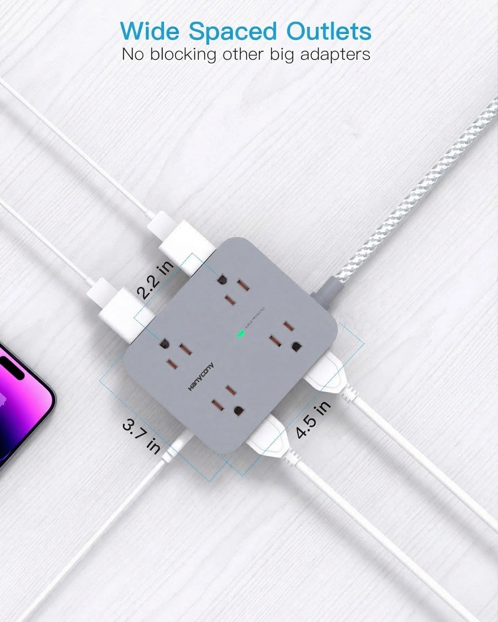 HANYCONY Surge Protector Power Strip, 10 Ft Braided Extension Cord, 1080J