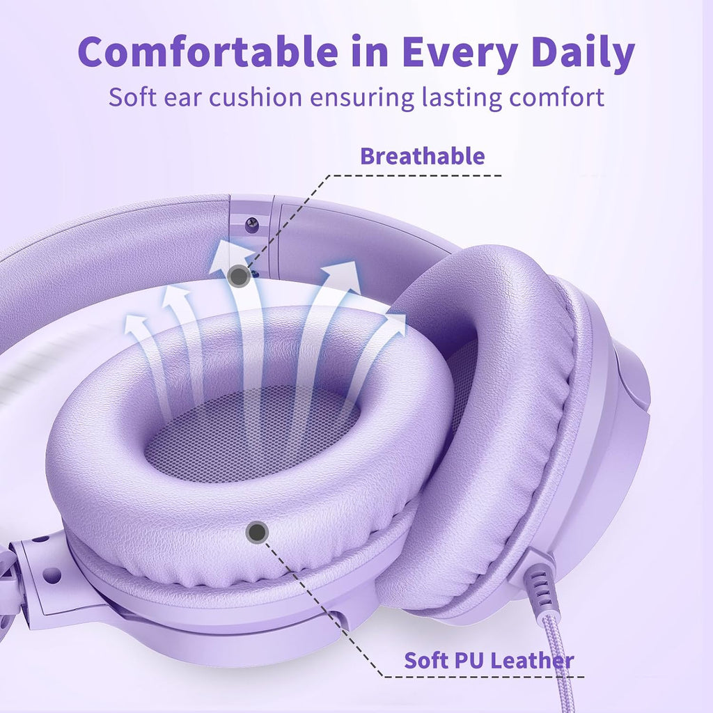 Botesty Sound Headphones Wired with Mic for School, 3.5mm Plug in, Purple