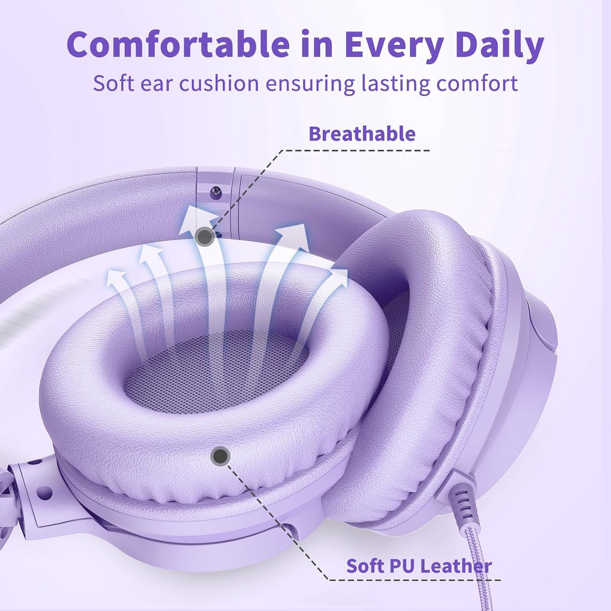 Botesty Sound Headphones Wired with Mic for School, 3.5mm Plug in, Purple