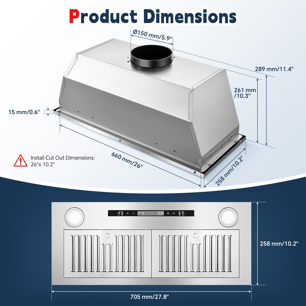 Range Hood Insert 30 inch,Stainless Steel Kitchen Vent Hood 600CFM,Built-in Kitchen Stove Hood w/Front Button Controls and Front LED Lights,Baffle Filters,Ducted/ductless Convertible Duct