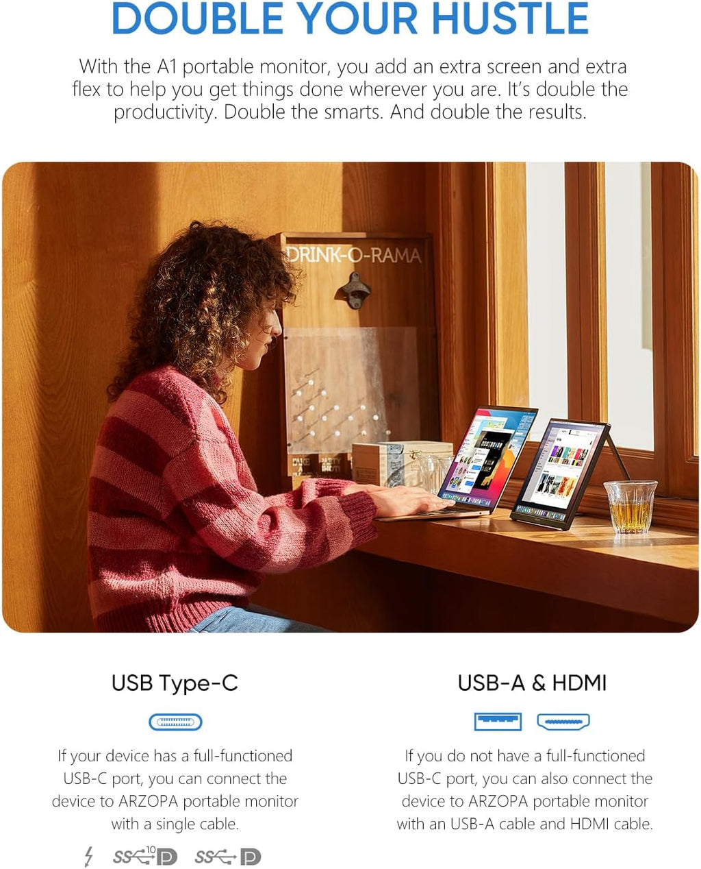 ARZOPA Portable Monitor 15.6" 1920×1080 FHD IPS Portable Monitor for Laptop with Kickstand, Ultra-Slim Second Screen for Laptop/PC/Mac/PS3/4/5/Xbox - USB C & HDMI Connectivity - A1