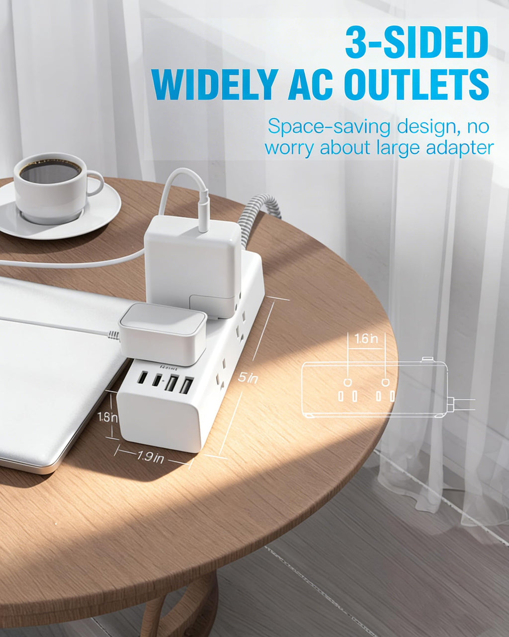 One Beat Surge Protector Power Strip, 5 Ft Flat Plug Extension Cord, 900J