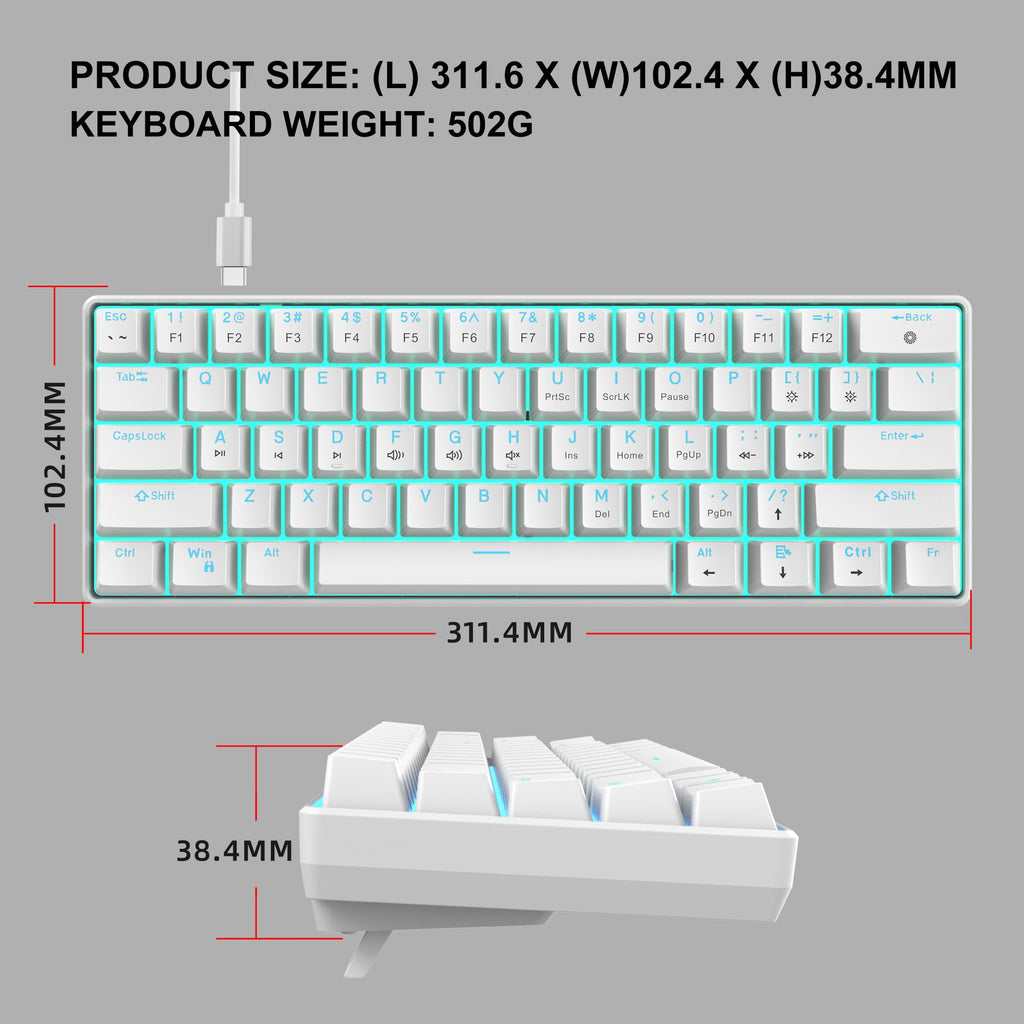 Snpurdiri 60% Wired Mechanical Gaming Keyboard, Ice Blue LED Backlit 61 Keys Mini Wired Office Keyboard for Windows Laptop PC Mac (Black-White, Red Switches)
