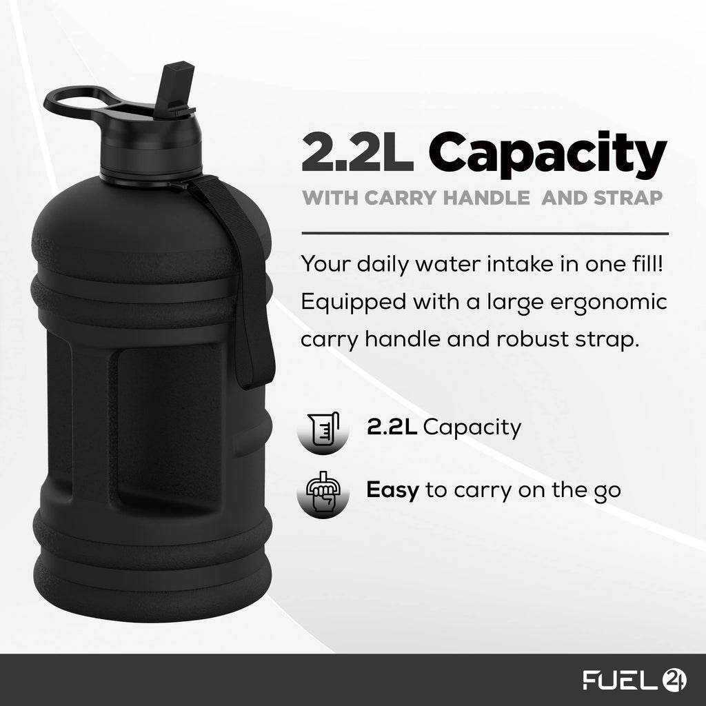 Fuel24 Jug - 2.2 Litre Water Bottle - Extra Strong Flex Material - Drop Proof, Pop or Straw Cap Options - 2.2L Large Gym Sports Bottle, BPA FREE