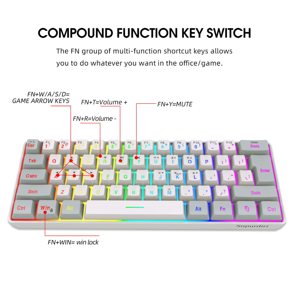 Snpurdiri 60% Wired Mechanical Gaming Keyboard, Ice Blue LED Backlit 61 Keys Mini Wired Office Keyboard for Windows Laptop PC Mac (Black-White, Red Switches)