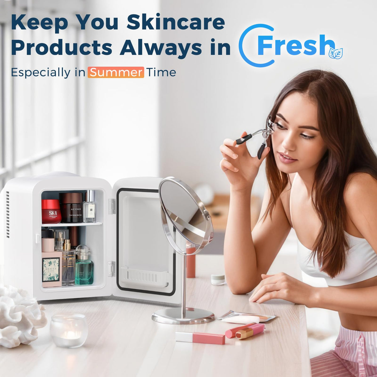 Antarctic Star Compact Refrigerator, Portable Mini Fridge, Skin Care 4L Capacity/6 Cans, for Bedroom, Car, Office & Dorm, Small Cooler for Cosmetics, Beverage and Food, White