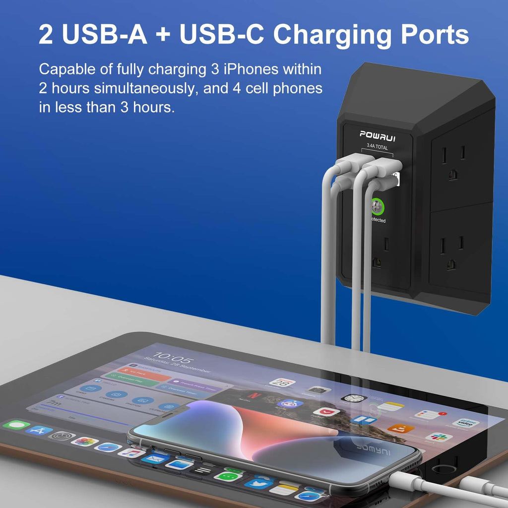 Multi Plug Wall Outlet Night Light, POWRUI 6 Outlet Extender & 3 USB Ports