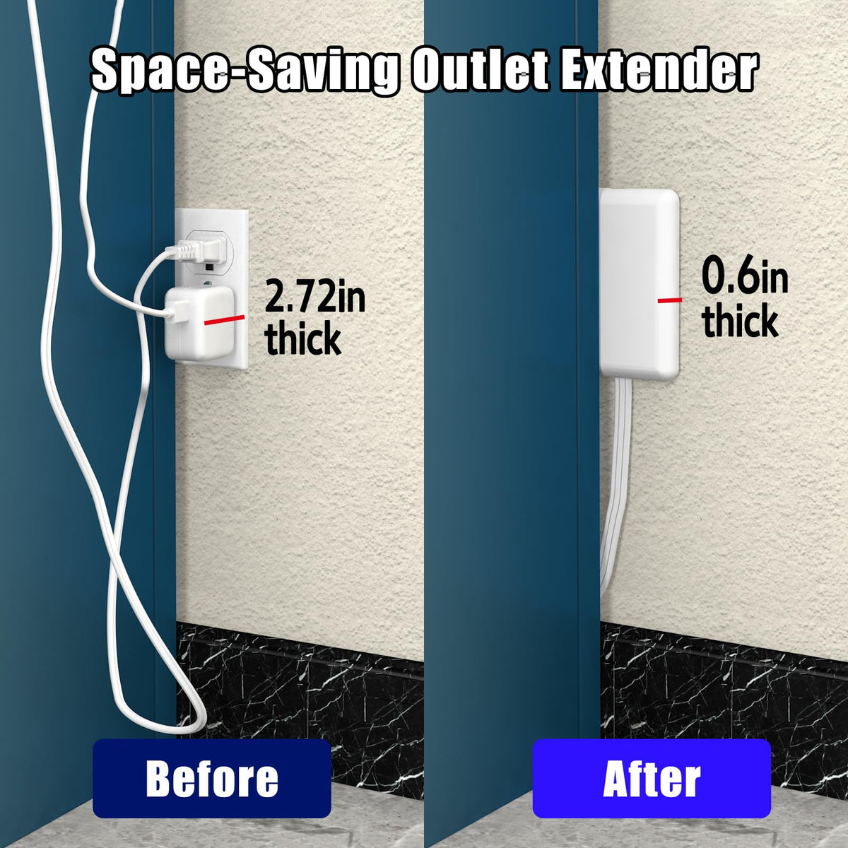 CABOCASA 3FT Flat Plug Extension Cord Power Strip 3 Outlets White Upward