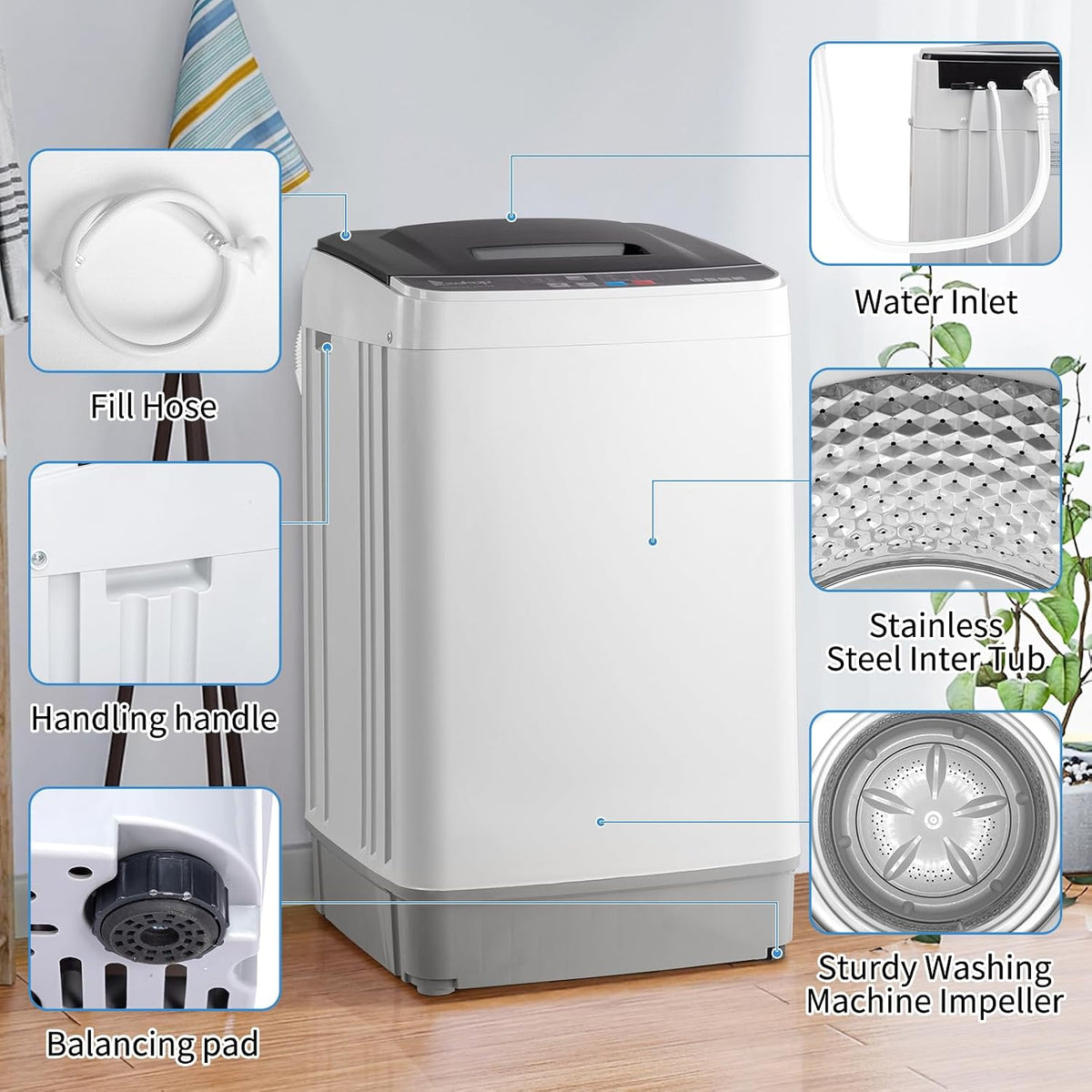 Winado 15.6LBS Full Automatic Portable Washing Machine with Drain Pump