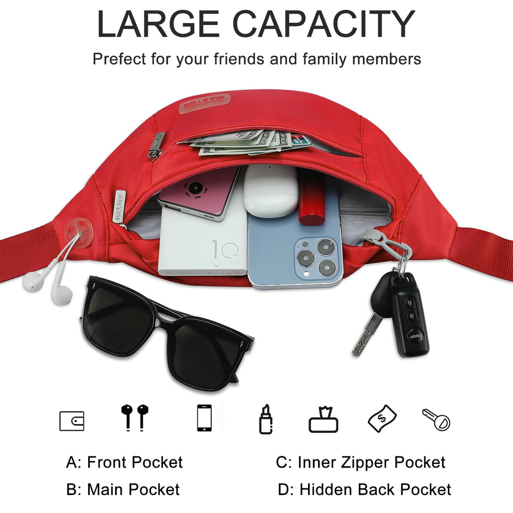 MAXTOP Large Bumbag Waist Fanny Pack Running Belt for Men Women Unisex Bum Bag with Headphone Jack and 4-Zipper Pockets Adjustable Belt for Travel Running Jogging Workout Hiking Gifts All Black