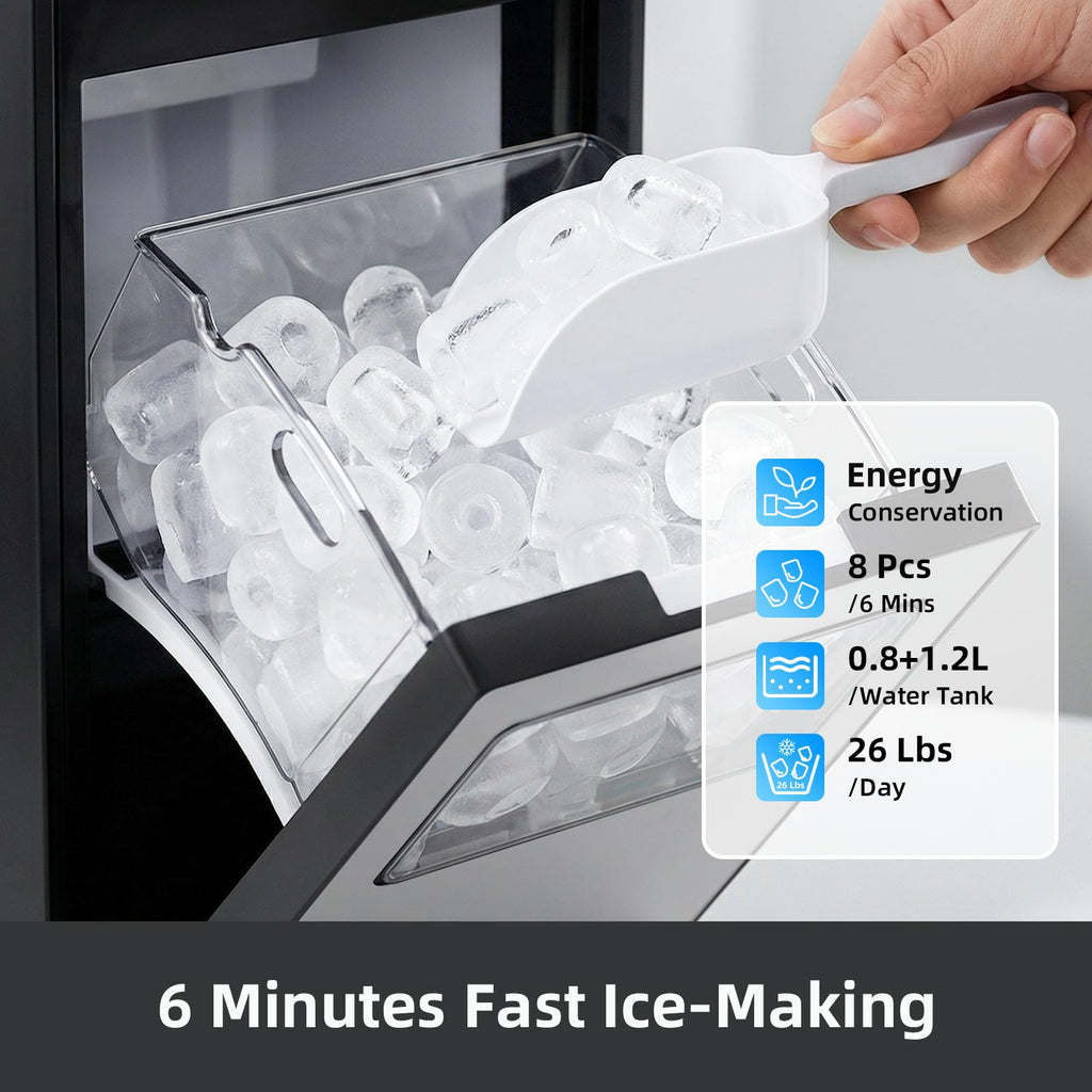 Countertop Portable Ice Maker, 8 Cubes in 6 Mins Fast Ice Making, 26Lbs Ice Per Day Auto Self-Cleaning Ice Machine with Ice Basket & Scoop, Compact Mini Ice Maker for Home Kitchen Office Bar RV Travel